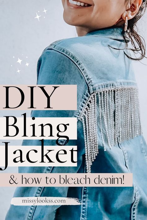 DIY bling jacket and how to bleach denim Adding Fringe To Jean Jacket, Bedazzled Jacket Diy, Upcycling Denim Jacket, Diy Fringe Jacket, Embellished Jacket Diy, Diy Rhinestone Shoes, Bleached Jacket, Thrift Flip Clothes Ideas, Clothes Pin Ideas