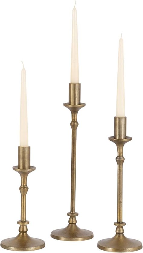 Amazon.com: Kate and Laurel Lahari Vintage Three-Piece Taper Candle Holder Set, Set of 3, Antique Brass, Metal Cast Aluminum Candlestick Holders for Dining Table or Fireplace Mantel Display : Home & Kitchen Vintage Candelabra Decor, Candle Stick Decor Ideas, Candleholder Brass, Candelabra Decor, Fireplace Candlesticks, Mantel Candles, Mantle Candles, Antique Candle Holders, Fireplace Candle Holder