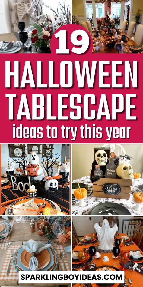 19 Elegant Halloween Tablescape 22 Fall Halloween Tablescapes, Cute Halloween Tablescape, Elegant Halloween Decor Diy, Halloween Tablescape Ideas, Halloween Table Decorations Centerpieces, Halloween Pumpkin Painting Ideas, Halloween Dinnerware, Halloween Candelabra, Halloween Pumpkin Painting