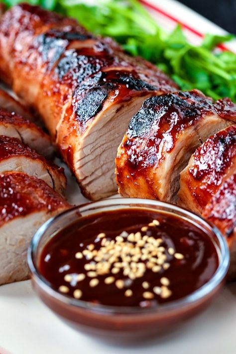 This Chinese BBQ Pork Tenderloin is so easy to make and is SO tender from the marinade! Pork Loin Steak Recipes, Low Sugar Bbq Sauce, Pork Fillet Recipes, Asian Bbq Sauce, Chinese Pork Recipes, Asian Pork Tenderloin, Bbq Pork Tenderloin, Beef Snacks, Braised Chicken Breast