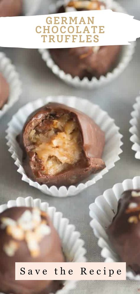 German Chocolate Cake Truffles, German Chocolate Truffles, German Chocolate Cake Pops, Truffle Filling Recipes, Snickers Truffles, German Chocolate Filling, Christmas Truffles Recipe, German Chocolate Fudge, Dipped Sugar Cookies