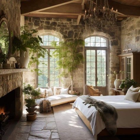 Italian Style Home, Italian Bedroom, Casa Country, Italian Home, Countryside House, Stone Walls, French Country House, Rustic Bedroom, French House