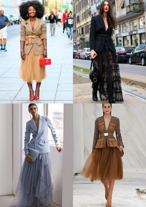 Blazer And Tutu Skirt Outfit, Tulle Skirt With Blazer Outfits, Tulle Skirt Work Outfit, Blazer With Tulle Skirt, Tulle Skirt Blazer Outfit, Blazer Tulle Skirt, Tulle Skirt Outfit 2023, Sheer Tulle Skirt, Blazer And Tulle Skirt Outfit