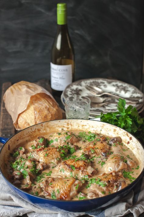 Succulent chicken with cremini mushrooms cooked in white wine  and a splash of cream. Cremini Mushrooms, French Recipes, French Cooking, Poultry Recipes, French Food, Chardonnay, Main Meals, Turkey Recipes, Main Dish Recipes