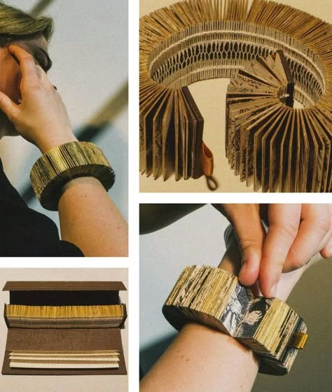 Photos of a book bracelet. It has tiny pages with a binding that is a circle around the wrist and the pages facing out. Book Bracelet, Buch Design, Book Sculpture, Bookmaking, Handmade Book, Book Arts, Book Folding, Paper Jewelry, Paper Book