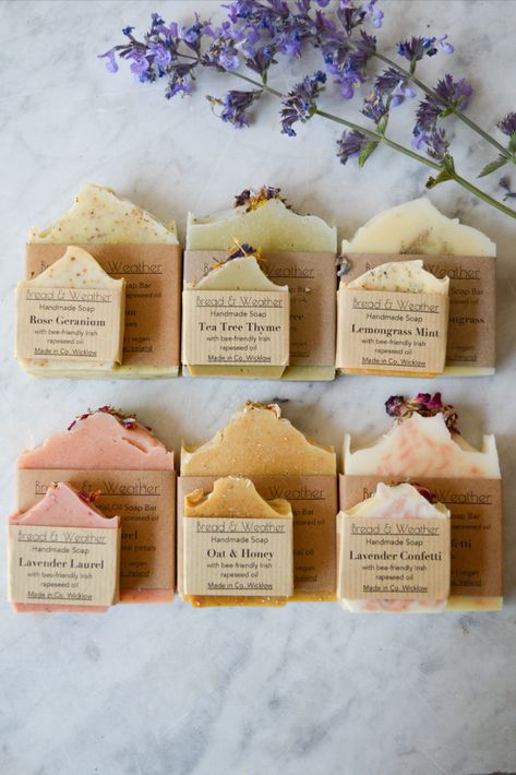 A selection of six soaps in both small and large size. Soaps are laid flat on a marble table and photo is taken from overhead. Witchy Soap Diy, Soap For Dry Skin, Soap Gifts, Candles Handmade, Vegan Cosmetics, Soap Shop, Essential Oil Scents, Rose Soap, Soap Packaging