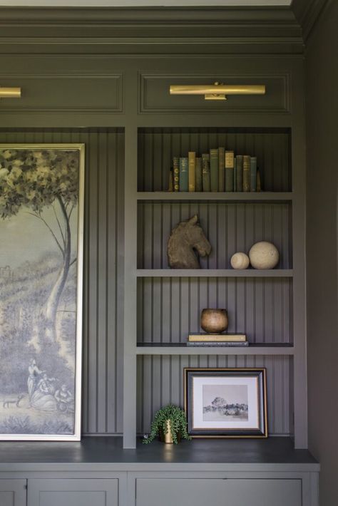 Built In Bookshelves Remodel, Bookshelves Into Built Ins, Dark Stained Built Ins, Built In Bookshelves Around Window Office, Built In With Library Lights, Built Ins With Beadboard, Built Ins Same Color As Wall, Built In Shelves Inspiration, Charcoal Built In Bookshelves