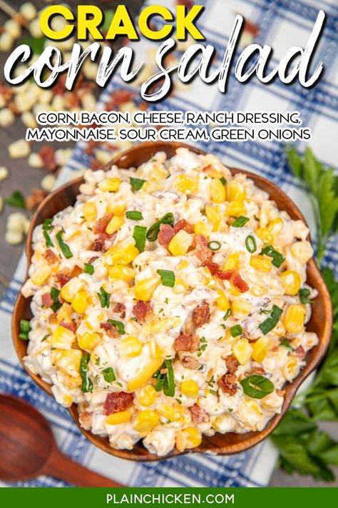 Crack Corn Salad Recipe - Bursting with sweet corn kernels, crispy bacon, sharp cheddar cheese, and a creamy blend of sour cream and mayo, this salad is a crowd-pleaser that'll disappear in minutes. Seasoned with zesty ranch dressing mix and sprinkled with fresh green onions, it's the perfect side dish for grilled meats or as a tasty addition to any picnic spread. Corn Salad With Cream Cheese, Crazy Corn Recipe, Corn Sides, Corn Salad Recipe Easy, Easy Corn Salad, Corn Side, Picnic Side Dishes, Corn Salad Recipe, Fresh Corn Salad