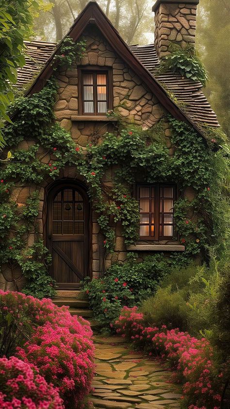 Storybook Homes Interior, Cottage In The Woods Fairytale, Fantasy Cottage Art, Fairy Cottage House, Medieval Cottage, Mini Cottage, Fairytale Houses, Casa Hobbit, Fantasy Cottage