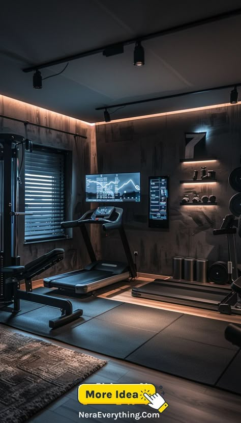 A home gym with large windows and an industrial design, offering a bright and airy space with a mix of cardio and strength training equipment. Gym Setup Ideas, Home Gym On A Budget, Luxury Home Gym, Boutique Gym, Home Gym Inspiration, Gym Design Interior, Simple Workout, Luxury Gym, Small Home Gym