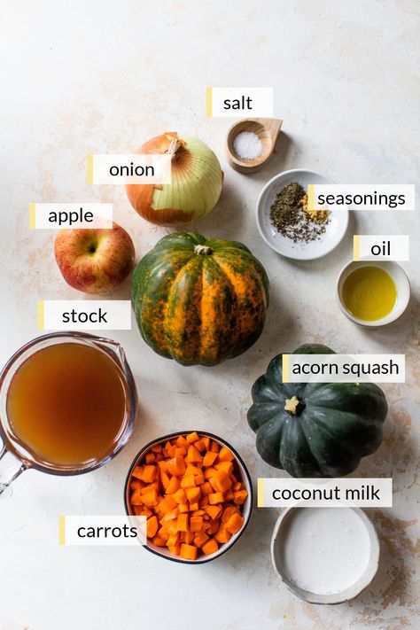 Roasted Acorn Squash Soup with Coconut Milk Squash Coconut Milk Soup, Kale Squash Soup, Coconut Squash Soup, Acorn Squash Stew, Squash Soup Acorn, Butternut Squash And Corn Soup, Squash And Potato Soup, Vegan Acorn Squash Soup, Kobucha Squash Soup