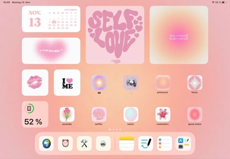 Pink Ipad Theme Ideas, Pink Ipad Setup Homescreen, Pink Ipad Layout Homescreen, Ipad Widget Theme, Ipad Themes Pink, Coquette Ipad Homescreen Ideas, Ipad Home Screen Layout Pink, I Pad Wallpaper Ipad Ideas, Ipad Homescreen Ideas Pink Widget