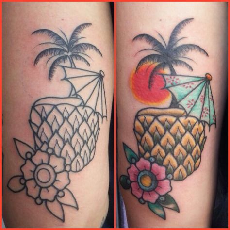 Pineapple cocktail drink in the sunset... Tattooed by myself Pineapple Drink Tattoo, Potato Tattoo, Drink Tattoo, Sister Tats, Tiny Trinkets, Umbrella Tattoo, Tropical Tattoo, Rocket Tattoo, Tiki Tattoo