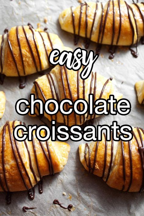 Easy Chocolate Croissants - The hardest part to this recipe will be saving some for your family! Easy to make and really easy to eat. Store bought crescent roll dough is a huge time saver. Mix a little melted chocolate and drizzle yumminess all over the fresh baked delicacy. | CDKitchen.com Chocolate Crescent Rolls Croissants, Crescent Rolls With Chocolate Chips, Crescent Roll Chocolate Croissant, Chocolate Crossant Recipes, Chocolate Crescent Roll Recipes, Chocolate Banana Croissant, Easy Croissant Recipe 3 Ingredients, Croissant Rolls Ideas, Crescent Roll Desserts Easy