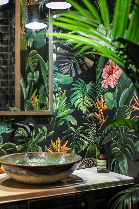 15 Stunning Bathroom Wallpaper Trends to Try Now 25 Toilets With Wallpaper, Tropical Luxury Bathroom, Downstairs Loo Ideas, Bathroom No Windows, Bold Wallpaper Bathroom, Bathroom Jungle, Bathroom Wallpaper Trends, Mural Jungle, Wallpaper Toilet