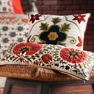 Sarita Handa Suzani Decorative Pillow Pair Sarita Handa, Sarita Handa Cushion Covers, Kushan Cover Design Handwork, Suzani Motifs, Suzani Jacket, Suzani Artwork, Throw Pillows Bedroom, Throw Pillows Living Room, Global Textiles