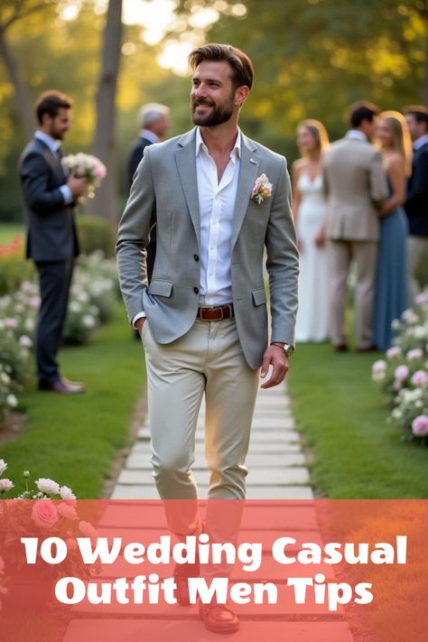 Looking to stand out with the perfect wedding casual outfit men actually love? Discover jaw-dropping ideas you didn't know existed! From sleek blazers to relaxed chinos, nail that laid-back yet stylish vibe. Don’t miss out on tips that’ll make you the best-dressed guest. Check out our gallery for ultimate inspo! Men Wedding Guest Outfit Casual, Mens Wedding Guest Attire Summer, Men’s Wedding Outfit Casual, Mens Attire Beach Wedding, Backyard Groom Attire, Grooms Wedding Outfit, Civil Court Wedding Outfits, Men Casual Wedding Outfit, Wedding Casual Outfit Men