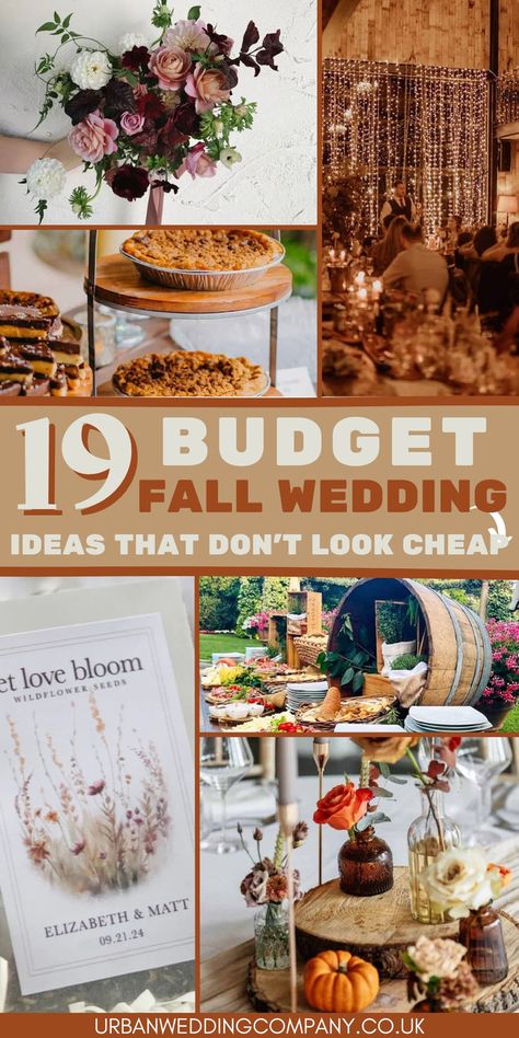 19 Budget Friendly Fall Wedding Ideas your will love. Looking stylish but affordable fall wedding ideas? head to the blog for ideas that look anything but cheap. From backyeard wedding, to barn vibes we have you covered. Budget Fall Wedding Decor, Fall Second Wedding Ideas, Outdoor Wedding Fall Ideas, Fall Wedding Crafts, Fall Outdoor Wedding Decorations, Wedding Decor For Fall Weddings, Inexpensive Wedding Flowers Fall, Wedding Decorations For Fall, Fall Wedding Cricut Ideas