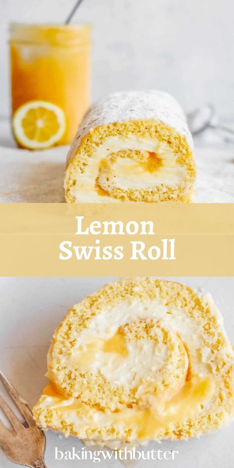 Swiss roll slice with lemon in the background. Swiss Roll Filling Ideas, Mini Swiss Rolls Recipe, Light Sponge Cake, Lemon Swiss Roll Cake, Lemon Jelly Roll Cake, Lemon Cake Roll Recipe, Lemon Roll Cake Recipe, Lemon Roll Cake, Lemon Cake Roll