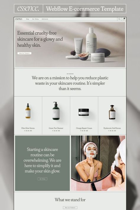 Introducing you to Essence Skincare E-commerce template. With its elegant and modern style, it focuses on simplicity and bringing the best possible shopping experience to your customers. With this e-commerce template that we have created for you, you will find all you need to create your online store that is easily customizable to make it match your brand. Website Skincare | Website Template | E-commerce Template | Webflow Website | Web Design | Web Design Inspo Beauty Web, Online Store Website, Online Store Design, Ecommerce Website Template, 포트폴리오 레이아웃, Banner Web, Shopify Website Design, Dropshipping Business, Dropshipping Store