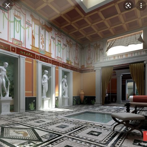 Roman Palace Interior, Roman Villa House, Ancient Greek House, Roman Room, Roman Interior, Ancient Roman Houses, Imperiul Roman, Classical Interior Design, Ancient Roman Architecture