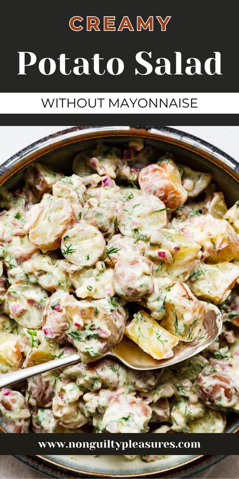 This creamy potato salad is a perfect summer side dish that uses a tangy dressing made with fresh dill, Greek yogurt, sour cream, and no mayonnaise. This red potato salad recipe is a must-try for those looking for a healthier, mayo-free version of the classic dish. Made with less fat than traditional potato salads, it's a warm and flavourful way to enjoy this summer favourite. Try this delicious creamy potato salad today and enjoy the fresh, tangy flavours without the mayo! Potato Salad With Raisins, Non Mayo Potato Salad, Potato Salad Without Mayonnaise, Mexican Potato Salad, Potato Salad Without Mayo, Potato Salad With Dill, Potato Salad No Mayo, Greek Yogurt Sour Cream, Dill Potato Salad