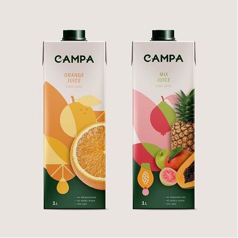 Menta Branding @mentabranding - Rebranding for Campa one of the leading brands of juice in Georgia. We redesigned a custom wordmark that reflects quality and warmth. Also developed a bespoke illustration system that allowed us to play with photography color and fruit shapes with simplicity. The solution separates from typical commercial packagings. #branding #juice #packaging #fruit . Feature: @worldbranddesign Submit: worldpackagingdesign.com/submit . #packaging #branddesign #packagingdesign #b Healthy Fruit Juice, Fruit Juice Packaging, Juice Branding, Drinks Packaging Design, Fruit Packaging, Juice Packaging, Healthy Fruit, Cool Packaging, Packing Design