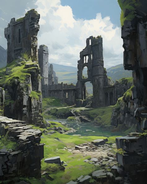 Ruin City Fantasy Art, Giant Ruins Fantasy Art, Dnd Ruins Art, Medieval Castle Painting, Old Ruins Concept Art, Stone Ruins Concept Art, Castle Ruins Concept Art, Castle Ruins Fantasy Art, Fantasy Ancient Ruins