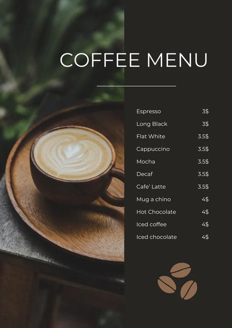 Basic Menu For Coffee Shop, Cafe Template Design, Coffee Shop Menu Design Templates, Coffee Menu Graphic Design, Menu Design For Cafe, Coffee Menu Design Ideas Layout, Menu Design Ideas Cafe, Menu Design Coffee Shop, Cafe Menu Design Layout