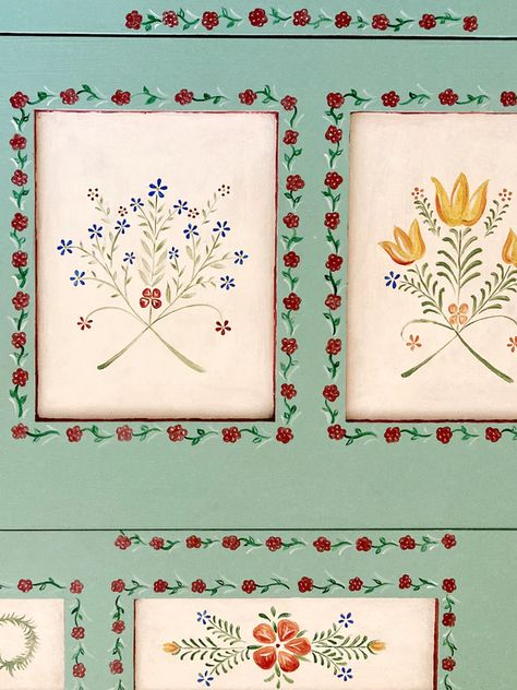 Furniture - Folk Florals – Tess Newall Folk Art Decorating, Folk Art Inspiration, How To Paint Folk Art Step By Step, Folk Painted Cabinet, Folk Art Wall Painting, Folk Art On Furniture, Painting Flowers On Furniture, Folk Art Flowers Floral Patterns, Folk Art Bedroom