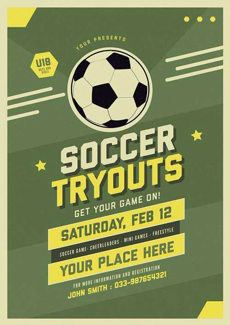 Soccer Tryout Flyer and Poster Template - https://ffflyer.com/soccer-tryout-flyer-and-poster-template/ Soccer Tryout Soccer Flyer Design, Vbg Zoom, Sport Event Poster, Soccer Tryouts, Sport Flyer, Soccer Design, Soccer Event, Family Help, Soccer Poster