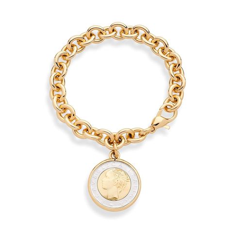 MiaBella 18K Gold Over Bronze Italian Genuine 500 Lira Charm Dangle Rolo Link Bracelet for Women Bracelets Cute, Chain Bracelet For Women, Classic Vintage Style, Cuff Bracelets Handmade, Gold Medallion, Link Chain Bracelet, Italian Jewelry, Diffuser Bracelets, Coin Jewelry