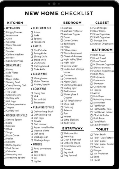 Starter Home List, Essential Things For New Home, Things Every House Needs, Household Essentials Checklist, House Shopping Checklist, House Wants And Needs List, Glory Box Checklist, What Do I Need For My First House, Home Registry List