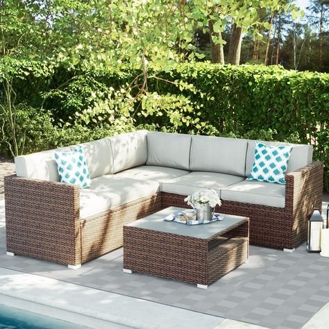 PRICES MAY VARY. ✅【Sturdy & Modern】SUNBURY 4 Piece outdoor patio furniture is made of all-weather PE resin wicker which is need over 20 hours to weaving a set of full hand woven rattan! Rust-resistant powder-coated steel frames can ensure the firmness and stability and provide a long time use. ✅【Cushion Comfort】3-inch thick cushion padded with elasticity sponge core to provide this outdoor sectional set comfort strong enough to resist deforming while soft enough to relax into an entire afternoon 3 Seasons Room, Outdoor Wicker Sofa, New Patio Ideas, Inground Pool Ideas, Tempered Glass Coffee Table, Outdoor Sectional Furniture, Wicker Sofa Outdoor, Outdoor Decorating Ideas, Deck And Patio