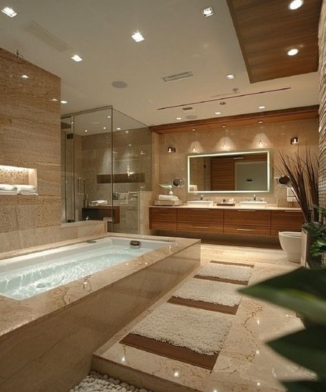 Big Fancy Bathroom, Bathroom Design Jacuzzi, Modern Bathroom Design With Jacuzzi, Walk In Shower Aesthetic, Big Bathroom Aesthetic Luxury, Aesthetic House Interiors Bathroom, Aesthetic Big Bathroom, Big Master Bathrooms Luxury, Big Bathroom Aesthetic