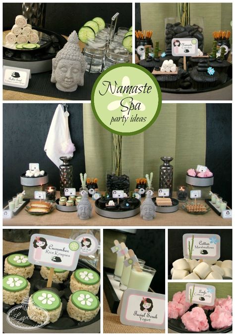 Namaste Spa party ideas ~ Lynlee's Massage Party, Spa Night Party, Diy Spa Party, Bachelorette Spa, Spa Party Theme, Party Food Ideas For Adults, Spa Day Party, Spa Party Ideas, Spa Food