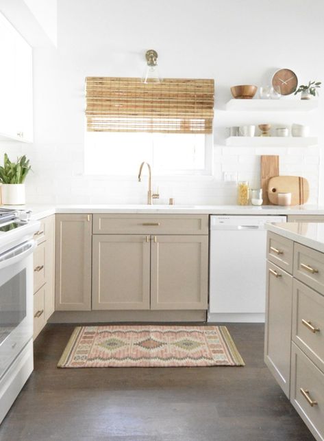 Thomasville Oat on lower cabinets... VERY warm gray - love it! Taupe Kitchen Cabinets, Taupe Kitchen, Flip House, Outdoor Kitchen Appliances, White Appliances, Kitchen Cabinet Colors, Flipping Houses, Kitchen Trends, Old Kitchen