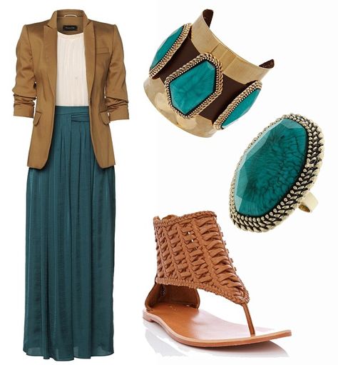 teal skirt Turquoise Maxi Skirt Outfit, Teal Maxi Skirt Outfit, Neutral Cardigan, Teal Skirt, Camel Blazer, Outfit Blazer, Long Skirt Outfits, Maxi Outfits, Skirt Denim