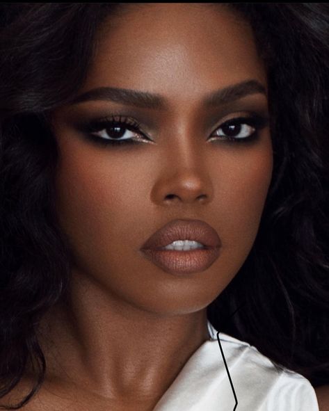 Black Woman Wedding Makeup Dark Skin, Sultry Makeup Looks Brown Eyes, Fairy Makeup Ideas, Mac Stack Mascara, Ryan Destiny, Sultry Makeup, Hyper Real, Silver Makeup, Makeup Artist Logo