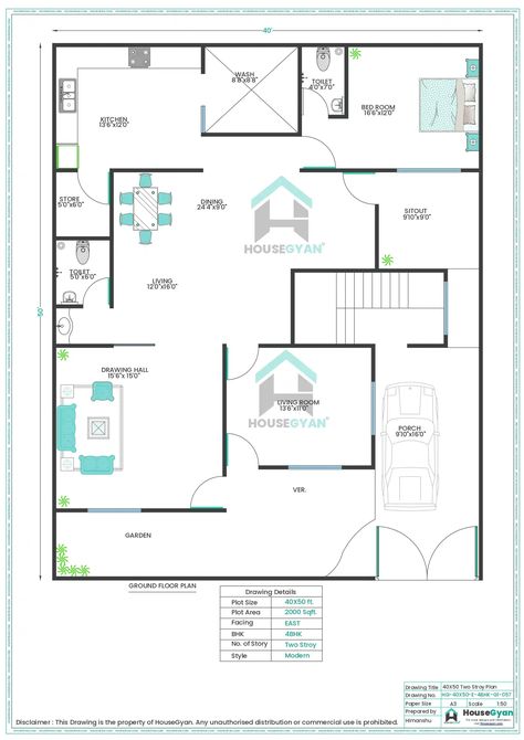 40X50 East Facing 4BHK First Floor House Plan | 2000 Sqft Plot Floor Plan 40x50 House Plans Layout East Facing, 40×50 House Plans, 2000 Sqft House Plan, 2000sqft House Plans, East Facing House Plan, One Floor House Plans, Model House, House Drawing, Maximize Space