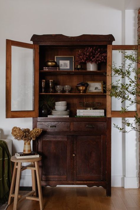 Notable Things: We're In HGTV Magazine!! Plus Cozy Christmas Vibes, DIY Ornaments, Flameless Taper Candles, & More! | Nadine Stay Vintage Cabinet Storage, Wall Pantry Ideas, China Cabinet Decor, Nadine Stay, Wall Pantry, Wood Slat Ceiling, Reading Nook Ideas, Antique Hutch, Flameless Taper Candles