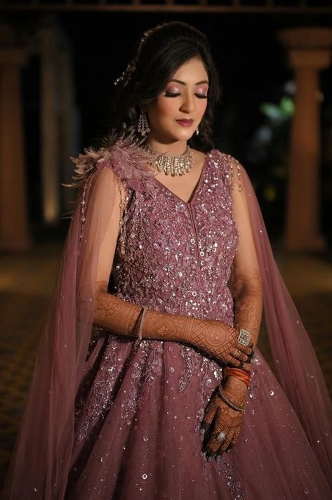 Sangeet makeup Pink gown makeup Princess look Sangeet Frocks For Bride, Engagement Gown Makeup Look, Engagement Gown Hairstyle Indian, Sangeet Gowns Indian, Bridal Gown Designs Wedding Dresses, Engagement Hairstyles Indian Brides With Gown, Haïr Style For Gown, Engagement Dress Ideas For Bride, Pose For Gown