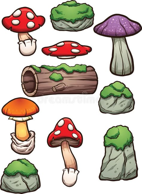 Log With Mushrooms Drawing, Clip Art Mushrooms, Poison Mushroom Drawing, Mossy Rock Drawing, Mushroom Illustration Art, How To Draw Moss, Draw A Fly, Forest Art Drawing, Mushroom Art Drawing