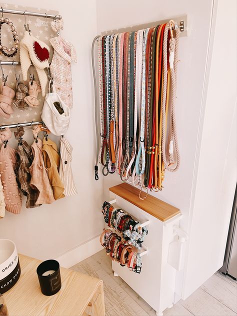 Leash Storage Ideas, Organize Dog Bandanas, Pet Room Organization, Dog Accessories Organization, Dog Clothing Storage, Large Dog Enrichment Ideas, Dog Collar Storage, Dog Gear Organization, Dog Gear Storage