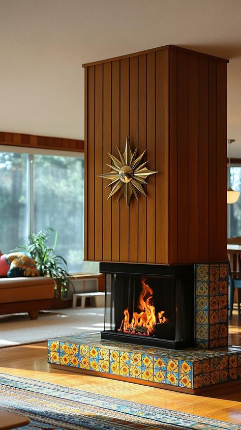 20 Stunning Mid-Century Modern Fireplace Makeover Ideas 39 Sarah Sherman Samuel Fireplace, Fireplace Makeover Mid Century Modern, Retro Fireplace Mid Century, Mid Century Modern Great Room, Mcm Brick Fireplace, 1960 Fireplace, Mid Century Modern Living Room With Fireplace, Mid Century Fireplace Mantle, 60s Fireplace