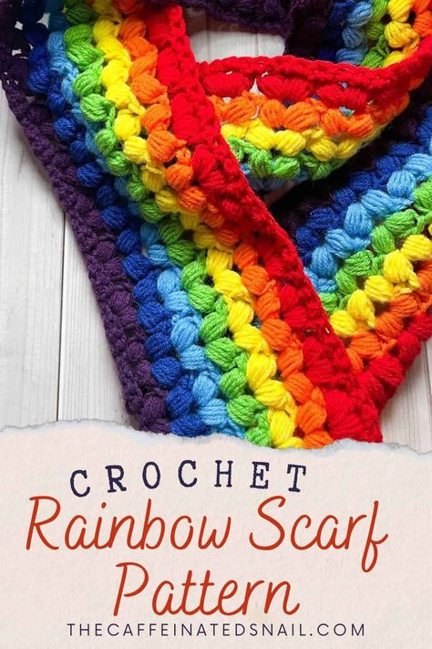 Brighten up the gloomy rainy days with my Crochet Rainbow Scarf Pattern! The stitches used in the rainbow scarf even looks like hearts! Pride Scarf Crochet, Rainbow Scarf Crochet, Rainbow Yarn Crochet Ideas, Toddler Scarf Pattern, Scrap Yarn Scarf, Infinity Scarf Free Pattern, Crochet Infinity Scarf Free Pattern, Winter Scarf Pattern, Scarf Free Pattern