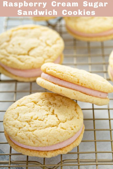 Soft sugar cookies are filled with sweet raspberry cream filling and then sandwiched together to create these light Raspberry Cream Sugar Sandwich Cookies! #Raspberry #Cookies #SandwichCookies #RaspberryCookies #CookieRecipes #RaspberryRecipes #SugarCookieSandwiches #RaspberryButtercream #CookieSandwiches Raspberry Cream Filling, Cookies Raspberry, Fruity Cookies, Almond Sugar Cookies, Cookie Sandwich, Raspberry Cookies, Cookie Sandwiches, Raspberry Cream, Raspberry Recipes