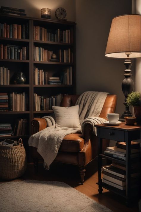 Book Corner In Living Room, Leather Chair Reading Nook, Cozy Corner With Chair, Cozy Music Corner, Cozy Chair Aesthetic, Bedroom With Reading Chair, Comfy Office Chair Cozy Corner, Leather Reading Chair Cozy Corner, Small Library Nook