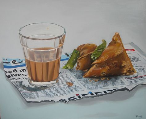 Chai Samosa, Food Art Painting, Indian Illustration, Food Artwork, Food Illustration Art, Object Drawing, Food Graphic Design, Food Painting, Art Painting Gallery