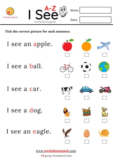 Free I see worksheets pack for kids. Tick the correct picture for each sentence. Free I see sentences for kids Download Sentence For Kindergarten, I See Sentences Kindergarten, Alphabet Sentences Free, I See Worksheet, Picture Reading For Kids, Preschool English Worksheets For Kids, Alphabet Worksheets Free Printable, Simple Sentences For Kids, See Worksheet